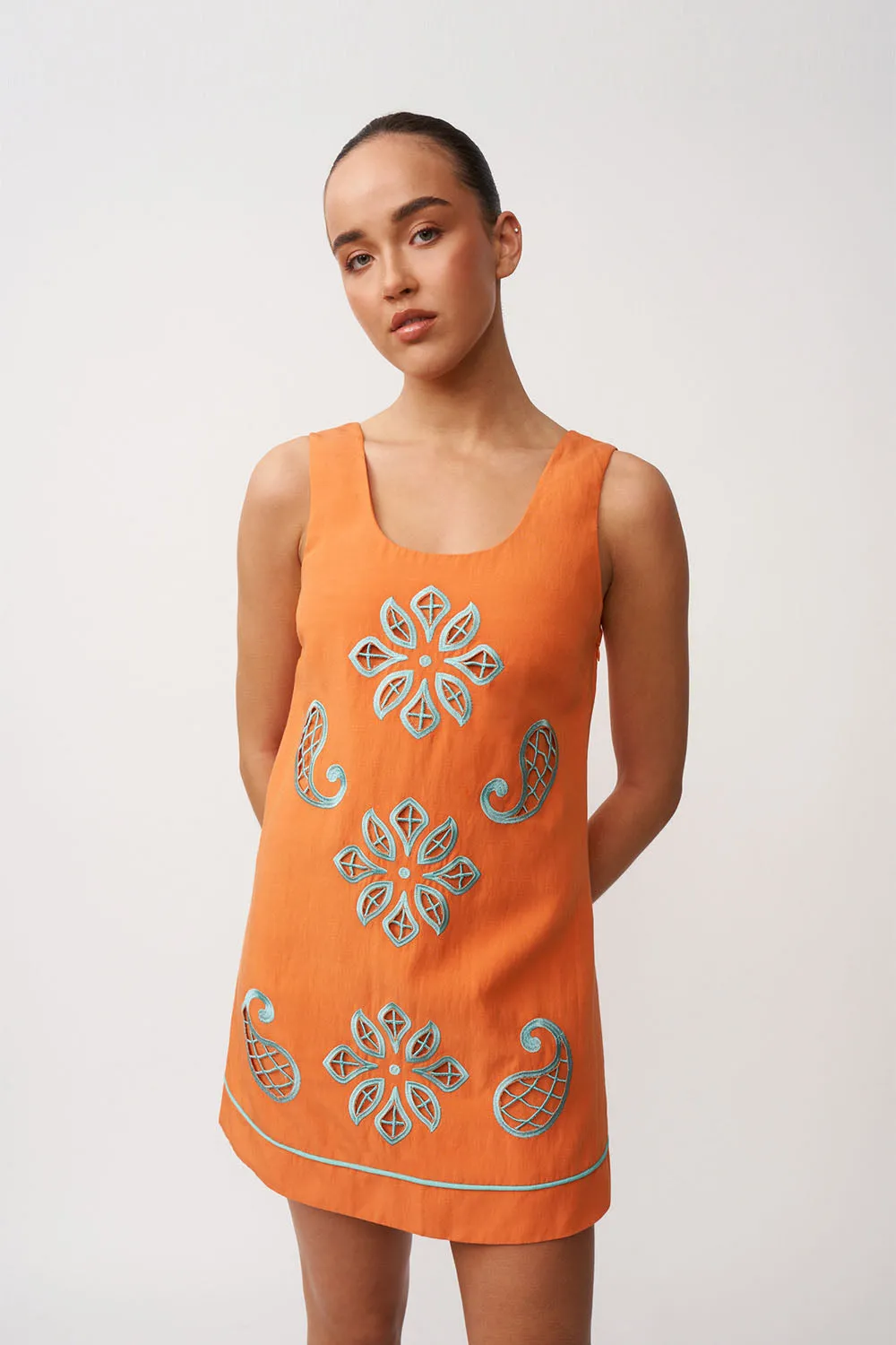 Alfresco Embroidery Mini Dress - Orange Aqua