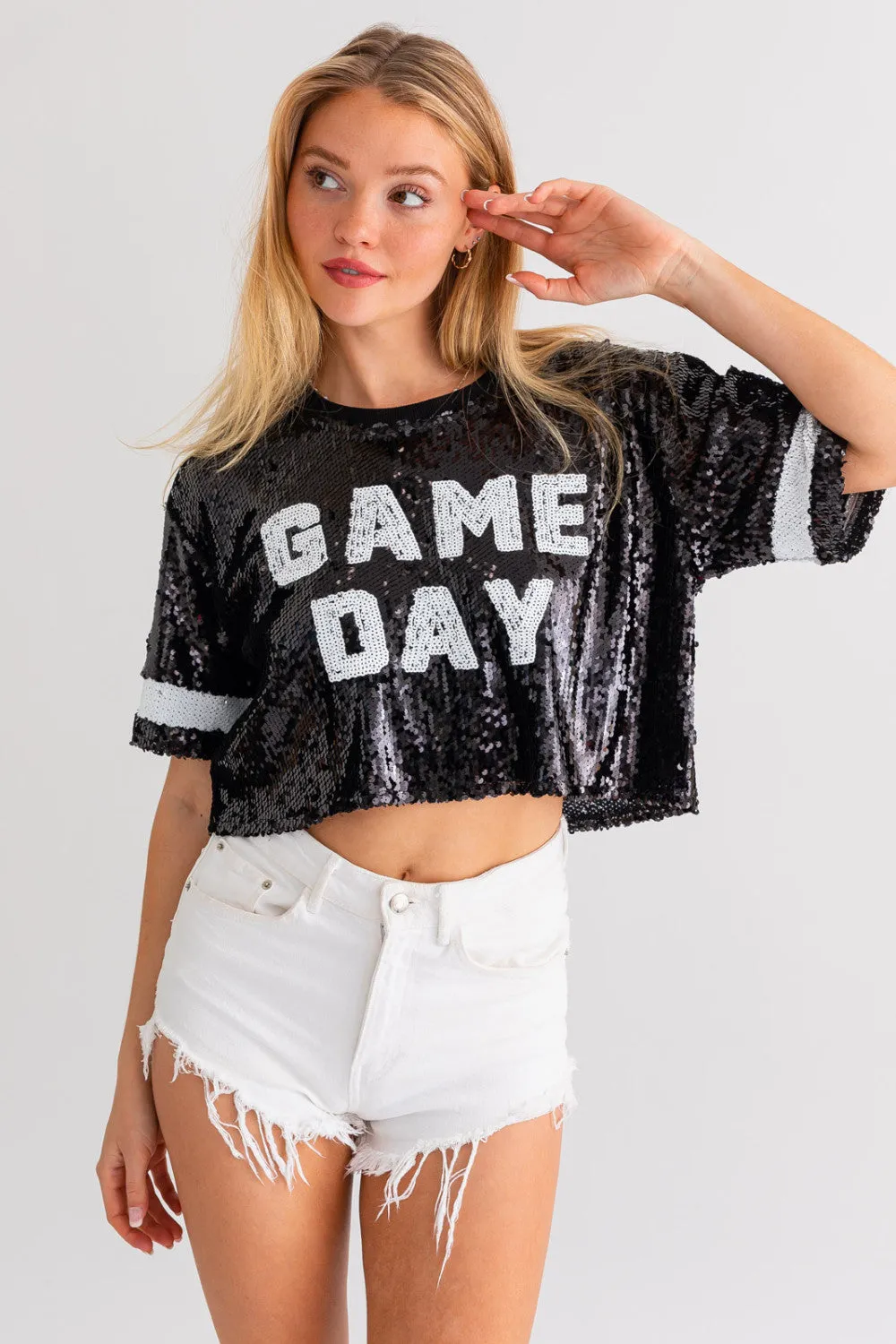 black game day sequin crop