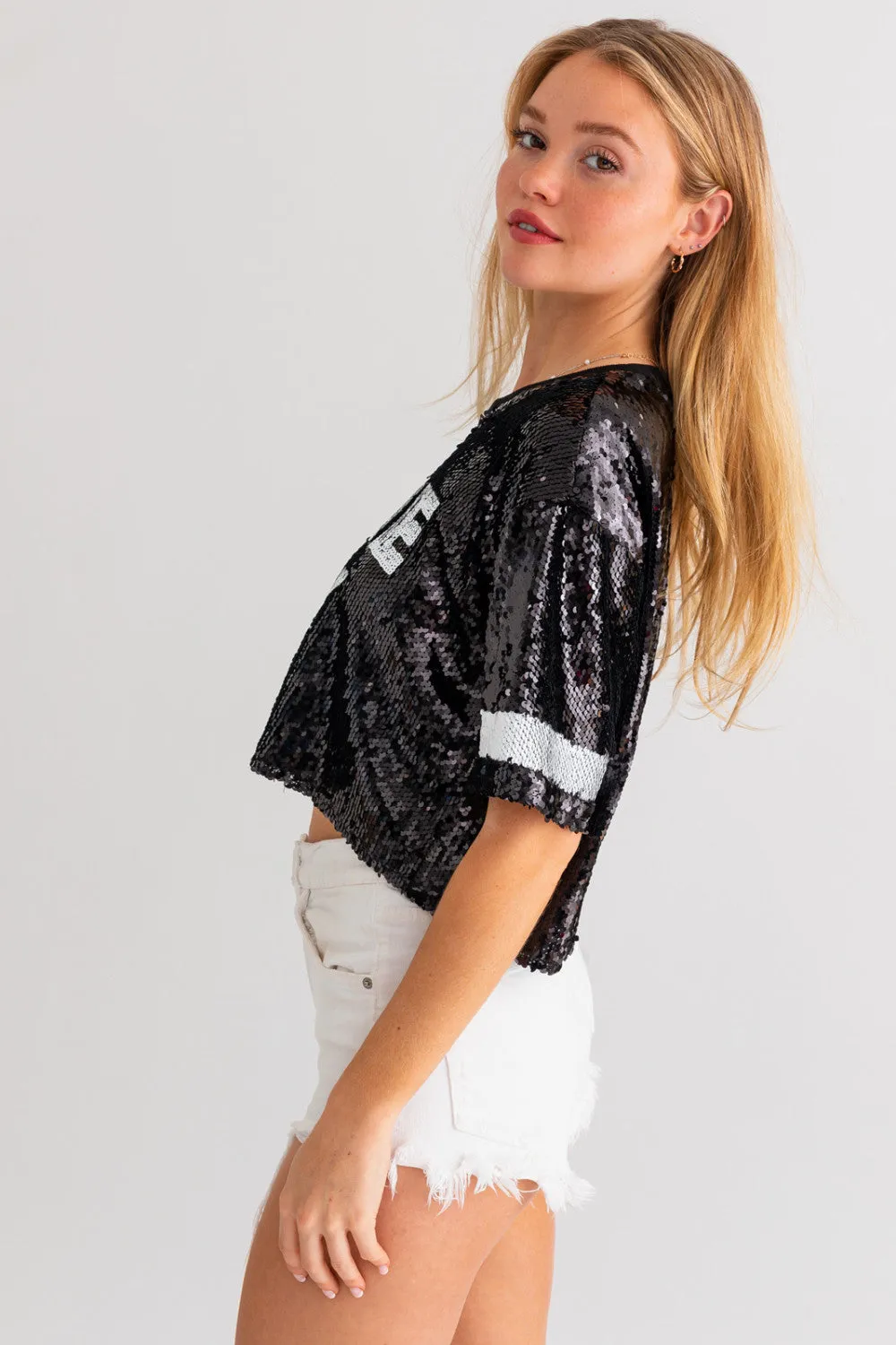 black game day sequin crop