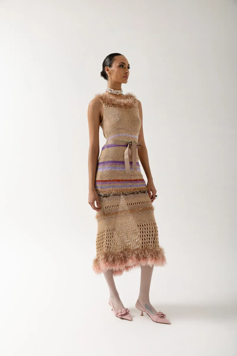 CAMILA BROWN MULTICOLOR HANDMADE KNIT DRESS