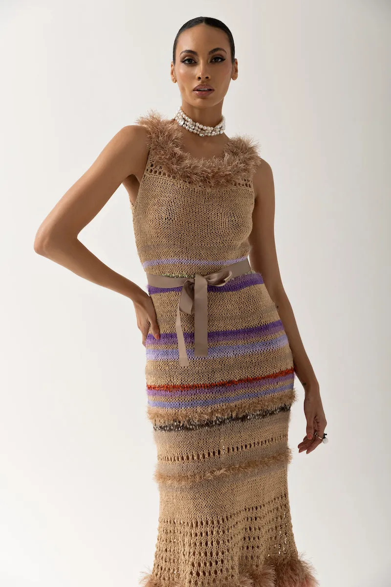 CAMILA BROWN MULTICOLOR HANDMADE KNIT DRESS