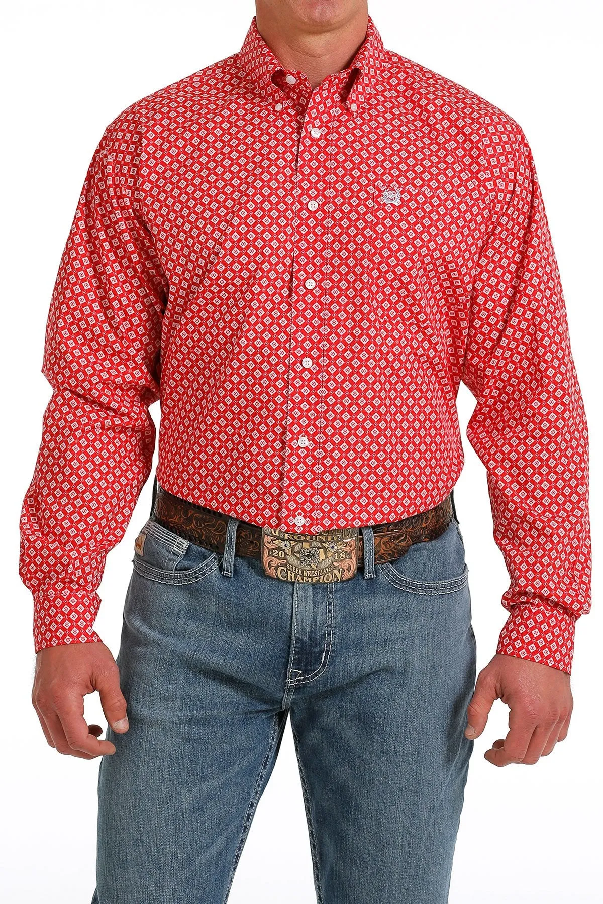 Cinch Mens Geometric Print Button Down Western Shirt - Red - MTW1105571