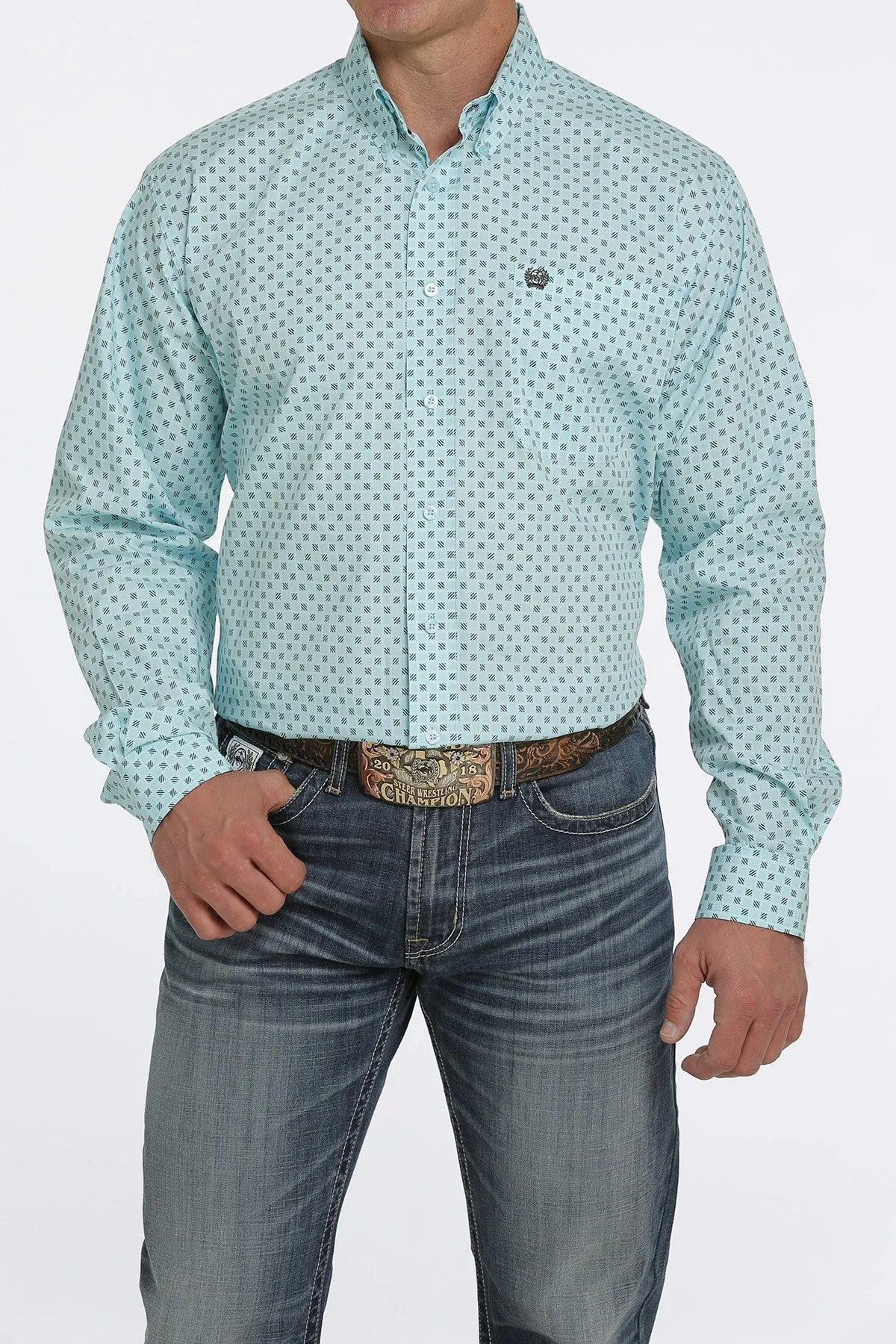 Cinch Mens Square Print Buttoned Down L/S Shirt - Aqua/Brown - MTW1105436