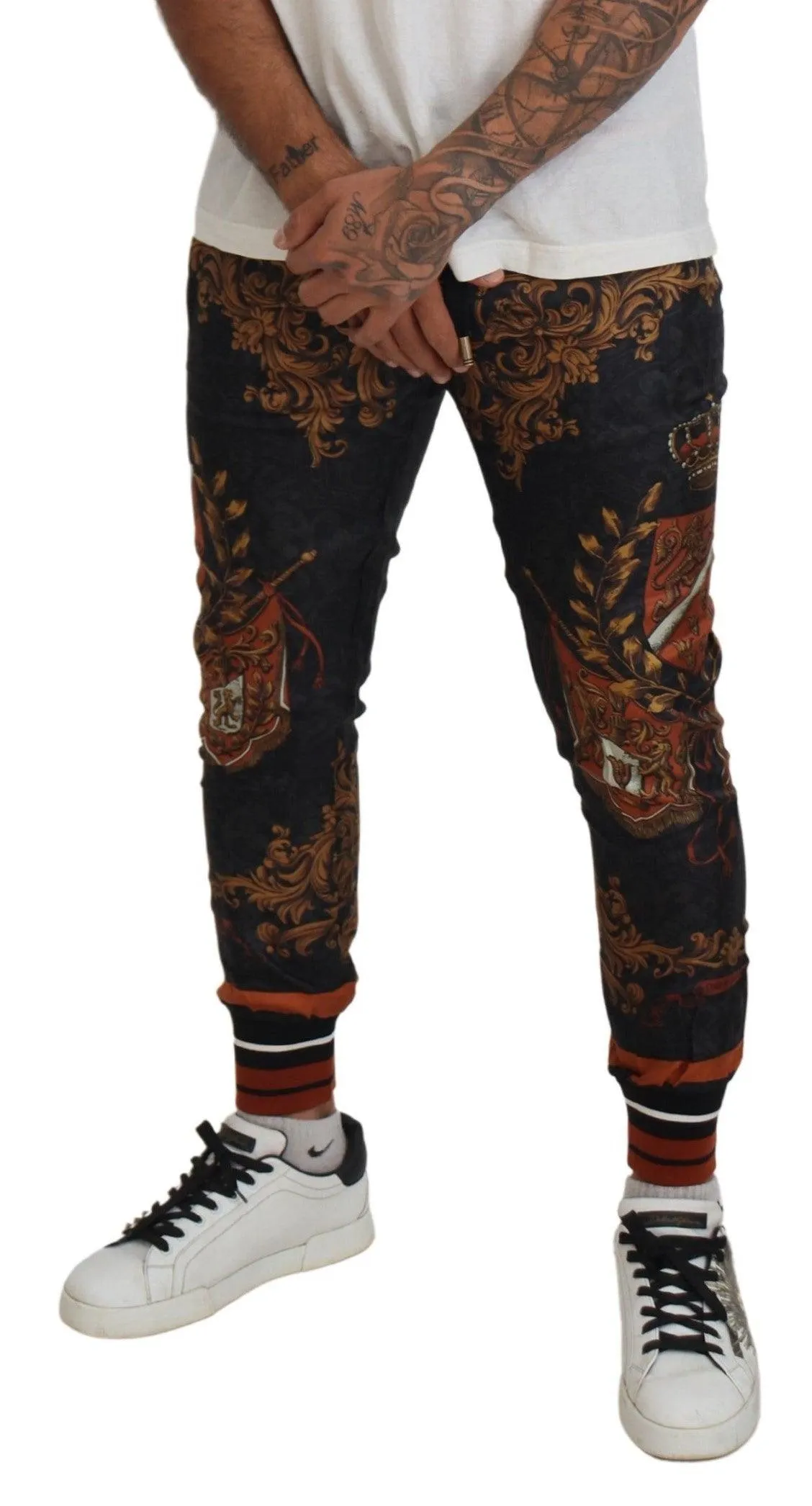 Dolce & Gabbana Gray Silk Baroque Crown Trousers Sport Pants