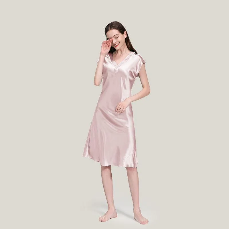 Elegant Women Silk Nightgown 100%  Silk Short Sleeves Sleep Dress Sleepwear