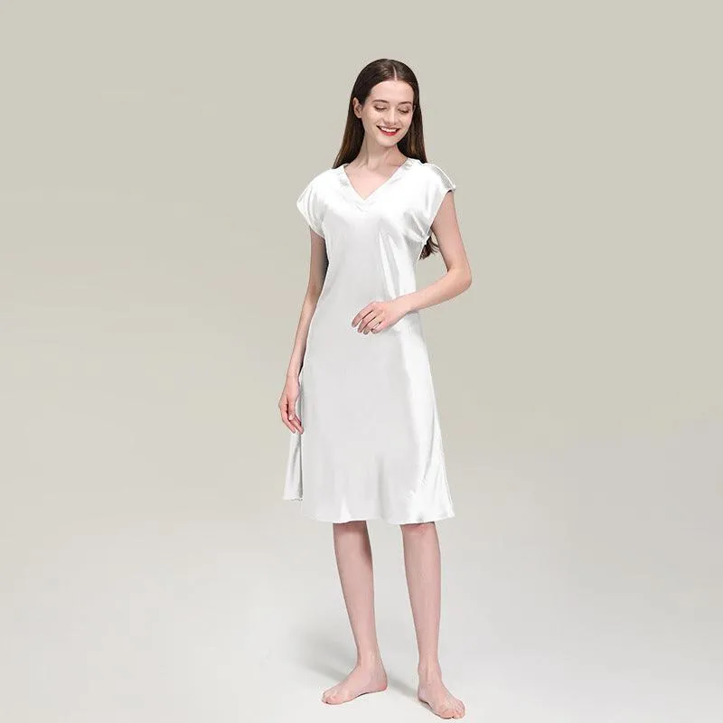 Elegant Women Silk Nightgown 100%  Silk Short Sleeves Sleep Dress Sleepwear