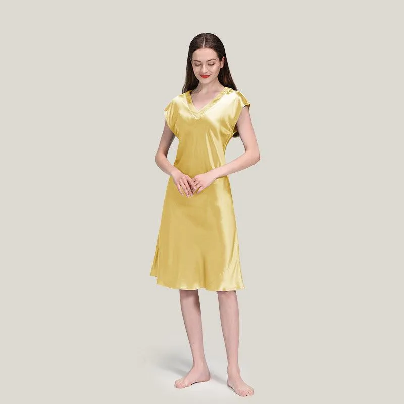 Elegant Women Silk Nightgown 100%  Silk Short Sleeves Sleep Dress Sleepwear