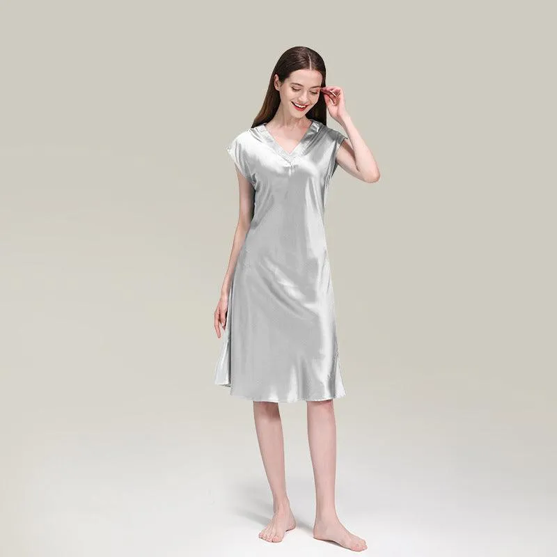 Elegant Women Silk Nightgown 100%  Silk Short Sleeves Sleep Dress Sleepwear