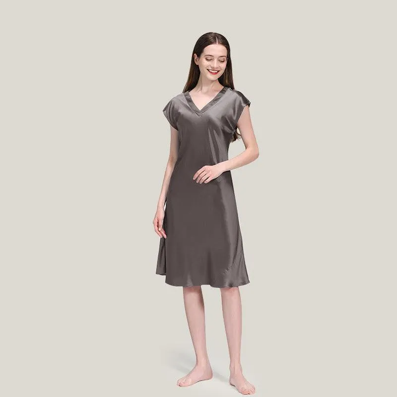 Elegant Women Silk Nightgown 100%  Silk Short Sleeves Sleep Dress Sleepwear