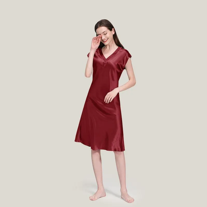 Elegant Women Silk Nightgown 100%  Silk Short Sleeves Sleep Dress Sleepwear