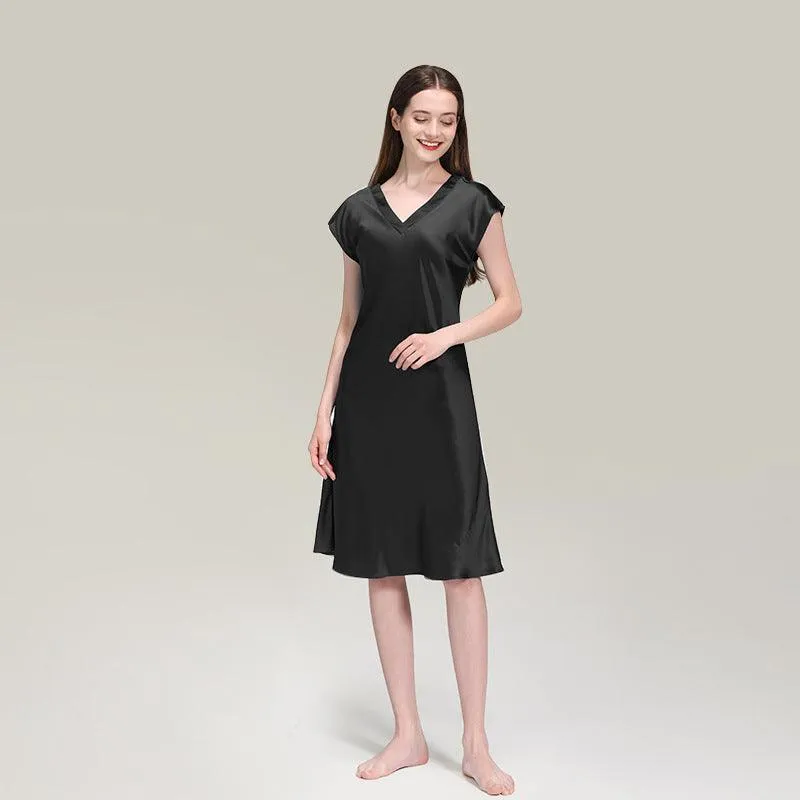 Elegant Women Silk Nightgown 100%  Silk Short Sleeves Sleep Dress Sleepwear