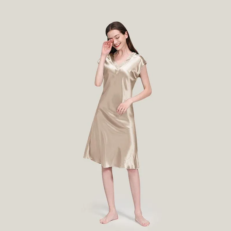 Elegant Women Silk Nightgown 100%  Silk Short Sleeves Sleep Dress Sleepwear