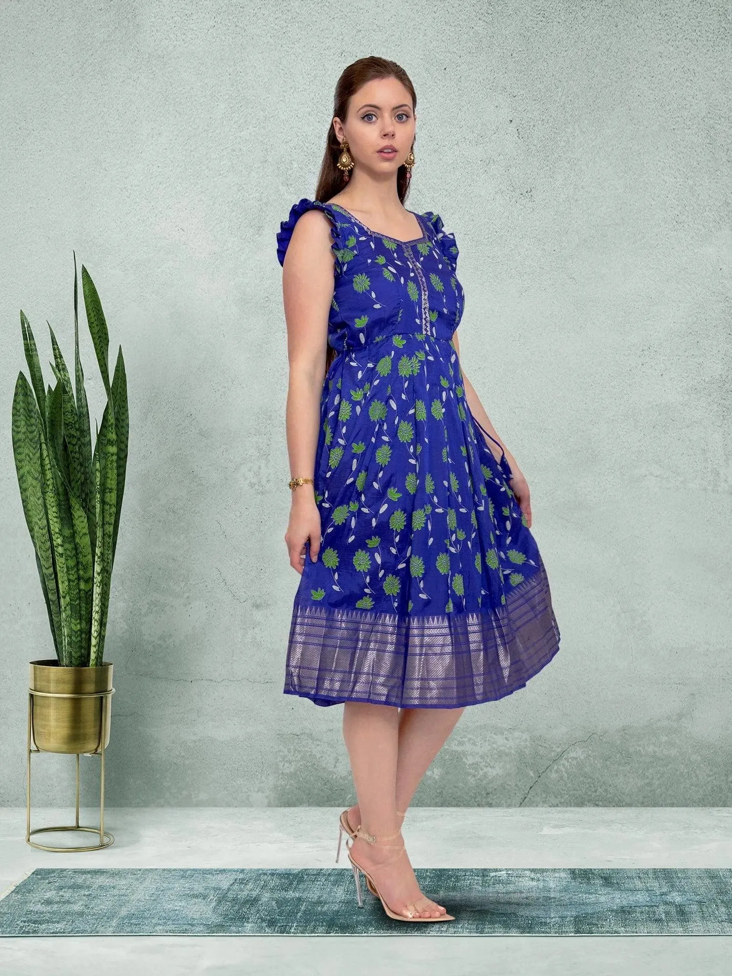 EthnoChic - Blue Floral Silk Knee Length Dress