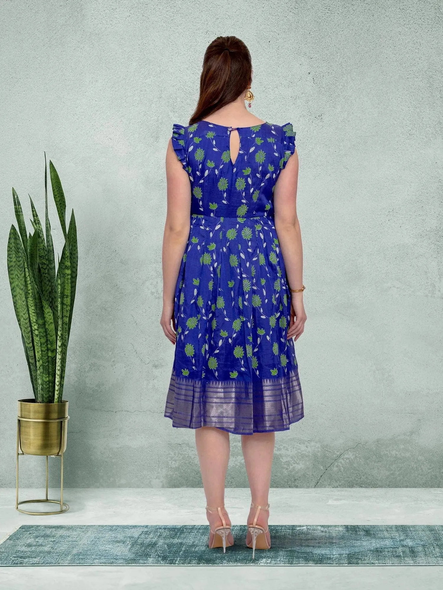 EthnoChic - Blue Floral Silk Knee Length Dress