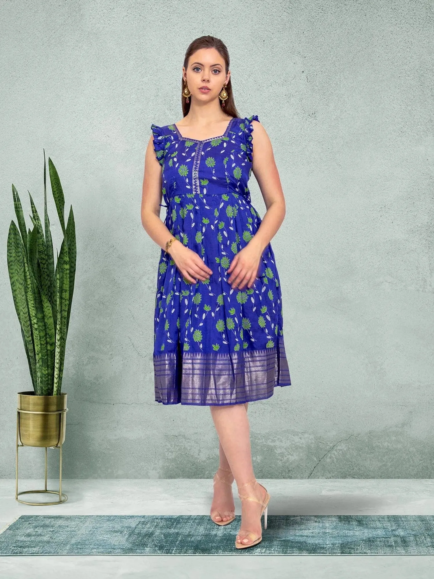 EthnoChic - Blue Floral Silk Knee Length Dress