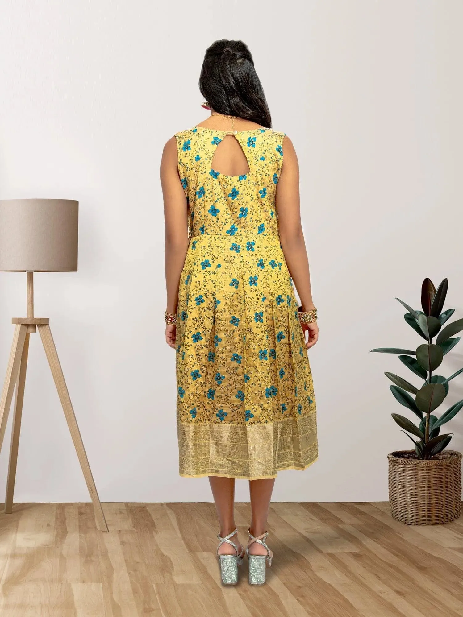 EthnoChic - Gold Color Silk Knee Length Dress