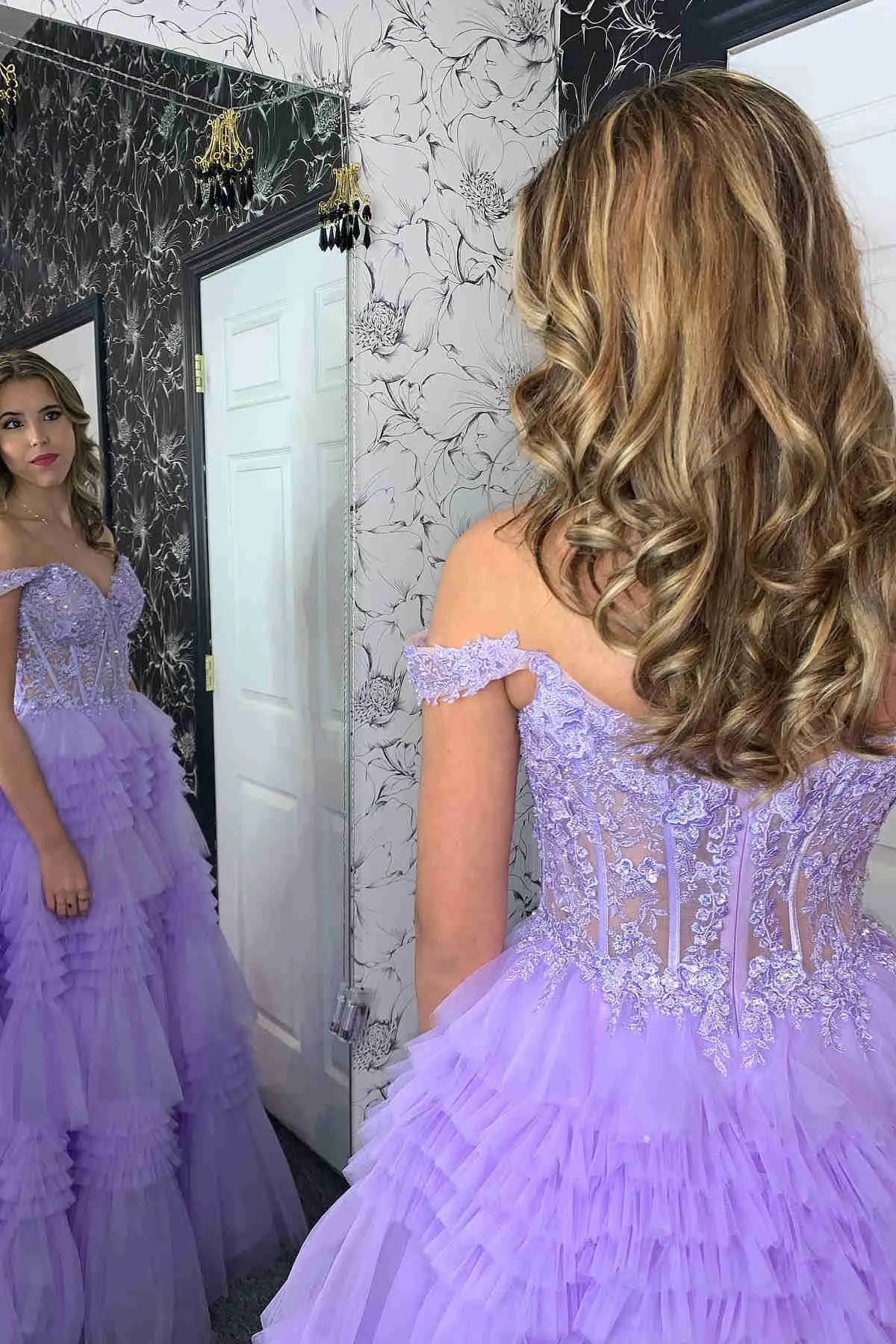 Gorgeous Off Shoulder Purple Lace Long Prom Dress, Off the Shoulder Lilac Formal Evening Dress, Purple Lace Ball Gown A2024