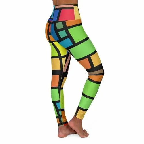 High Waisted Yoga Pants, Multicolor Block And Black Grid Style Sports