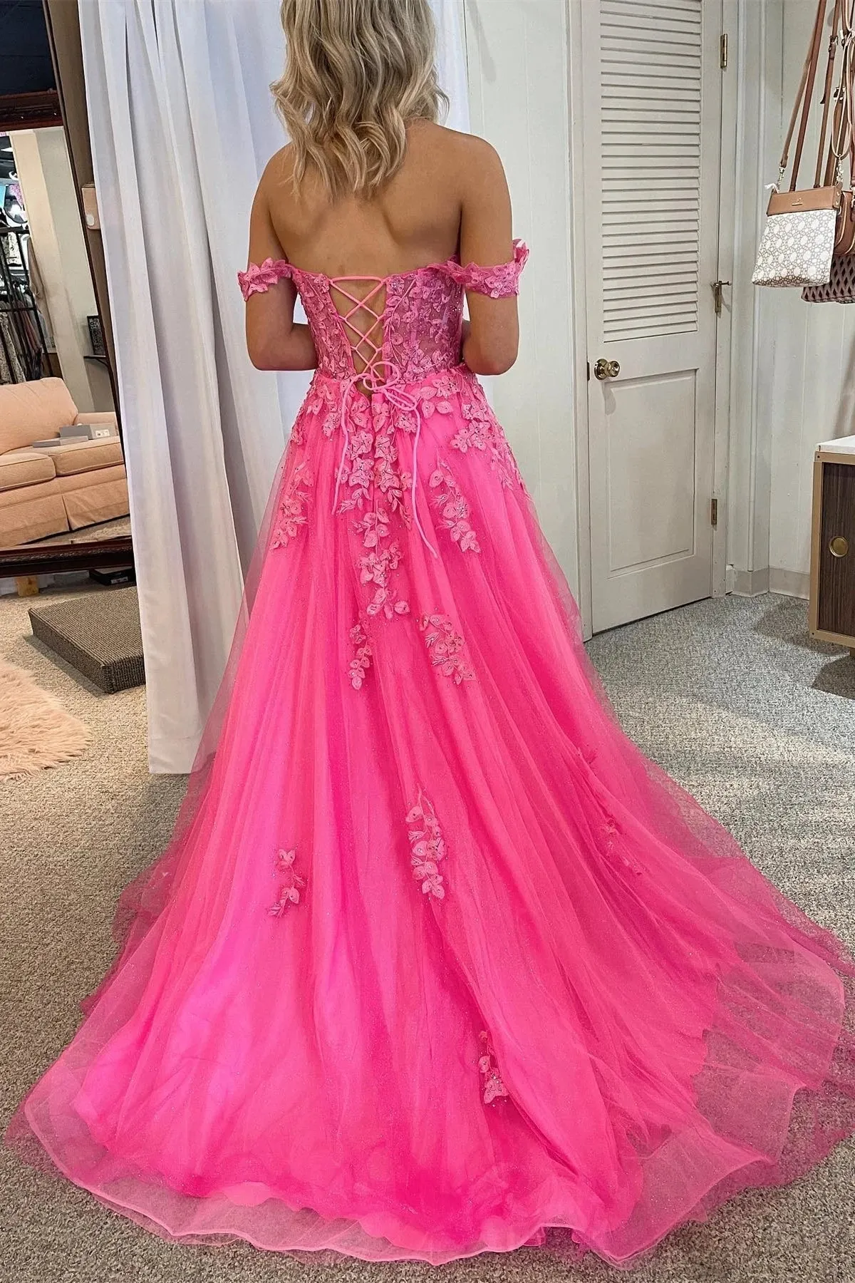 Off Shoulder Hot Pink Tulle Lace Long Prom Dresses with High Slit, Hot Pink Lace Formal Graduation Evening Dresses