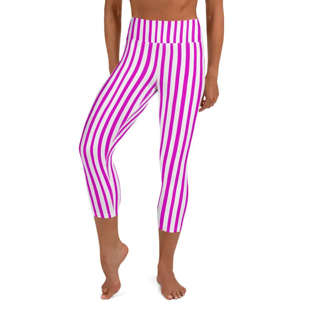 Pink White Ladies' Capris Tights, Vertical Stripe Stylish Print Women's Yoga Capri Leggings Pants- Made in USA/ EU