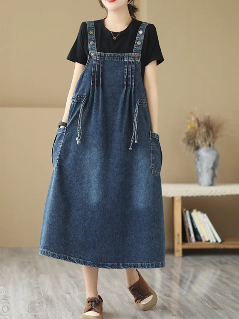 Pure Soul Denim Round Neck Loose Salopette Dress