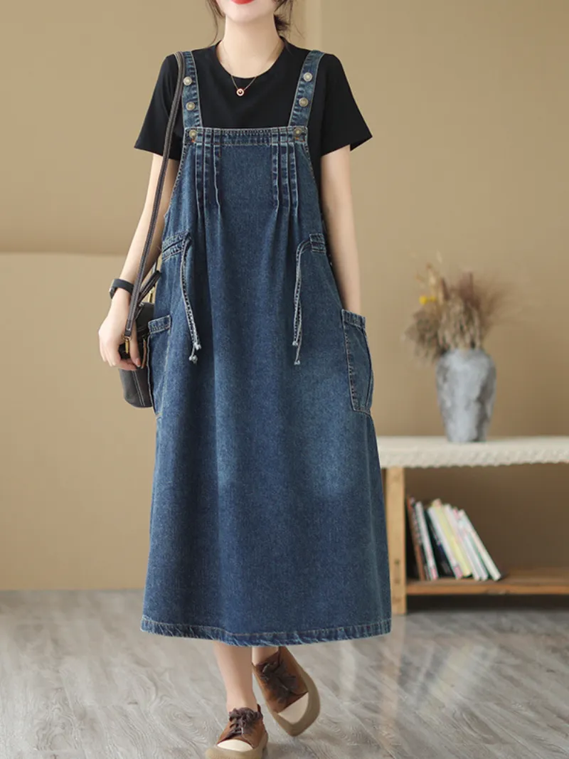 Pure Soul Denim Round Neck Loose Salopette Dress