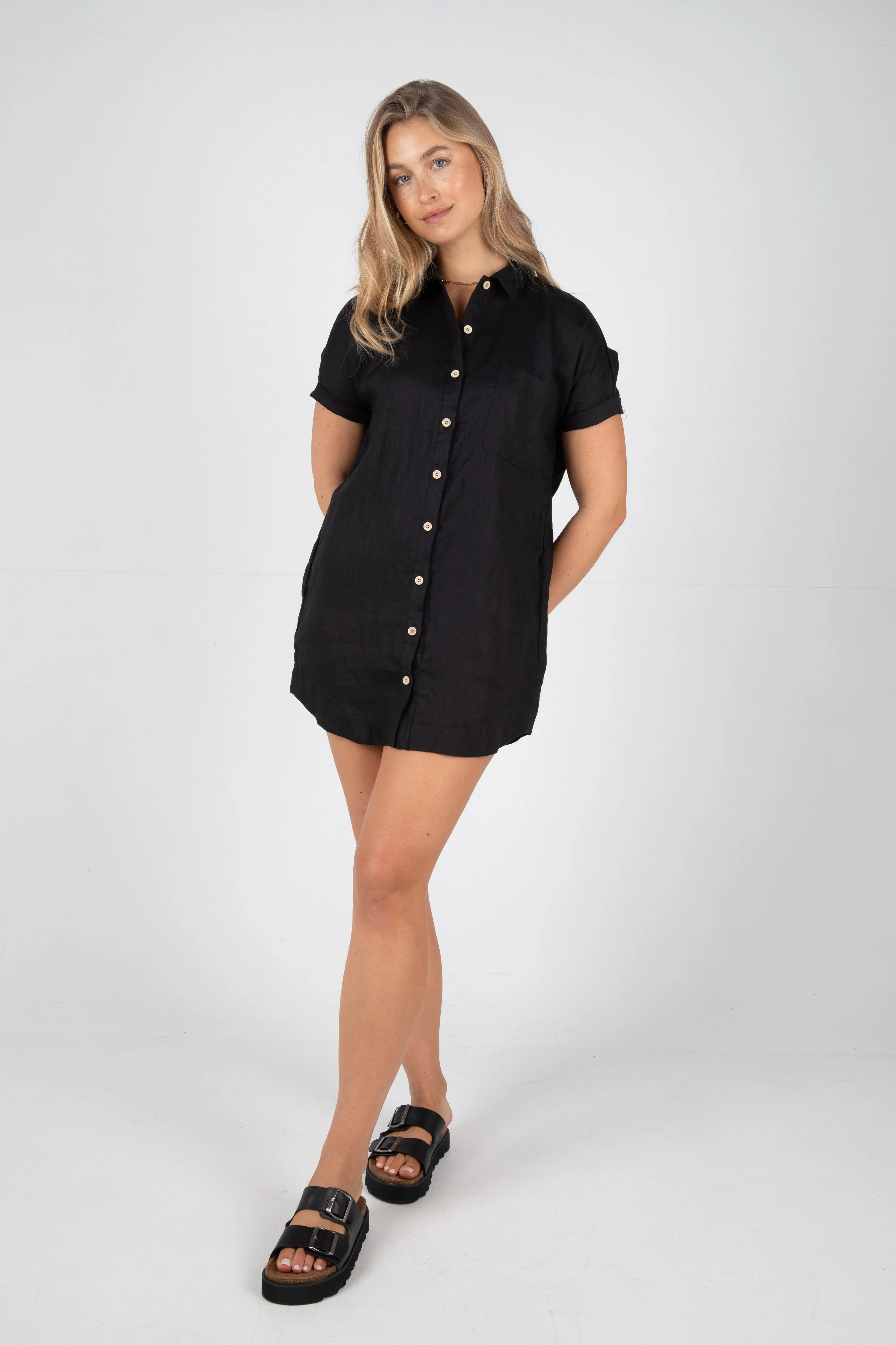 RAYLEIGH LINEN SHIRT DRESS - BLACK