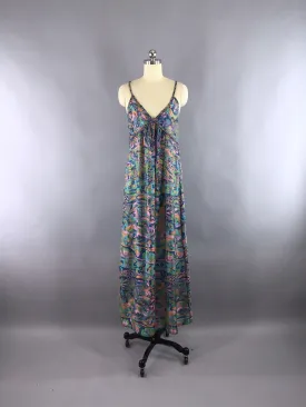 Silk Maxi Dress / Vintage Indian Silk Sari / Blue Abstract Print / XS TALL