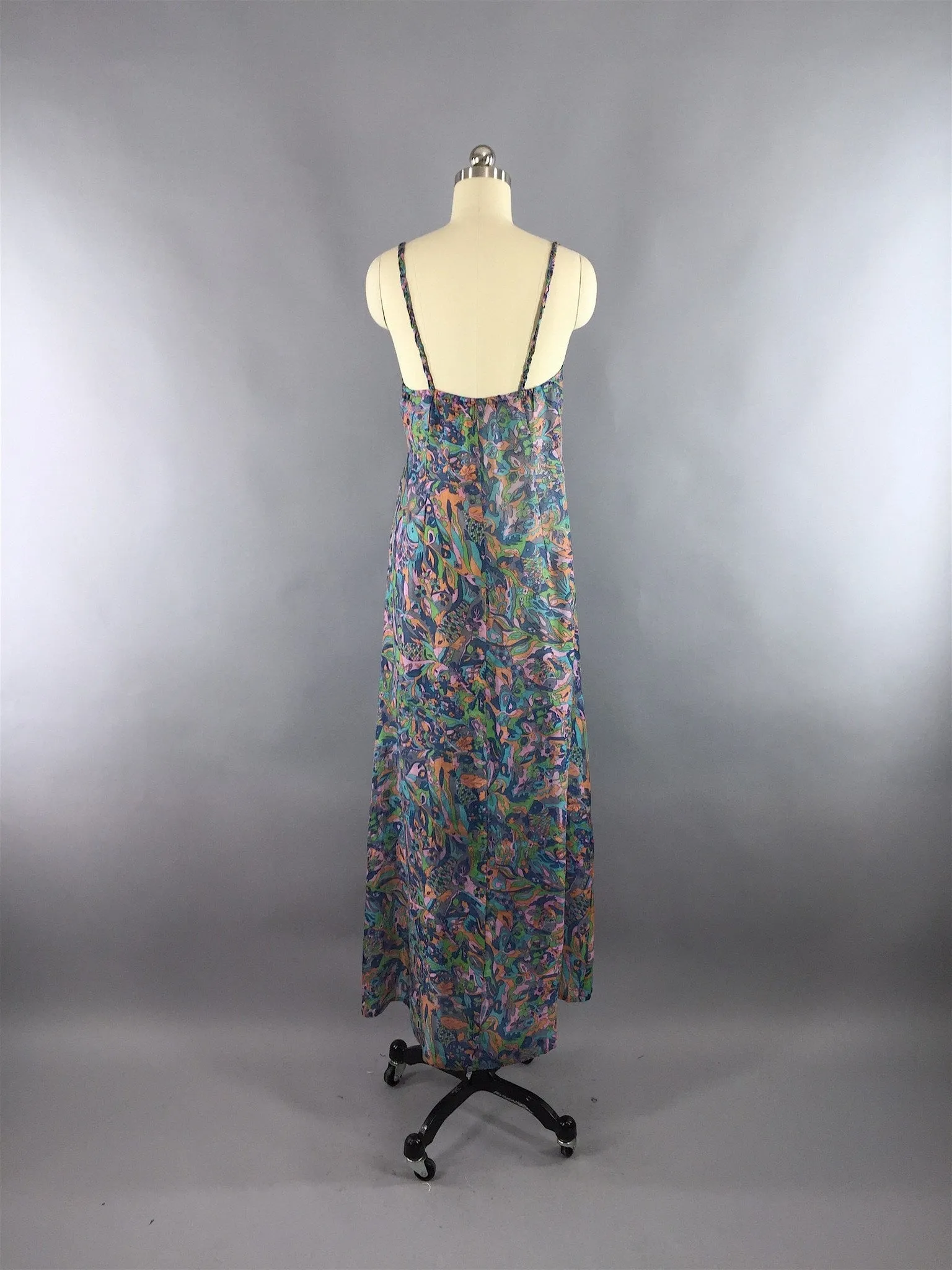 Silk Maxi Dress / Vintage Indian Silk Sari / Blue Abstract Print / XS TALL