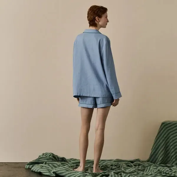 Wave Blue Tencel Linen Blend Pyjama Shorts Set