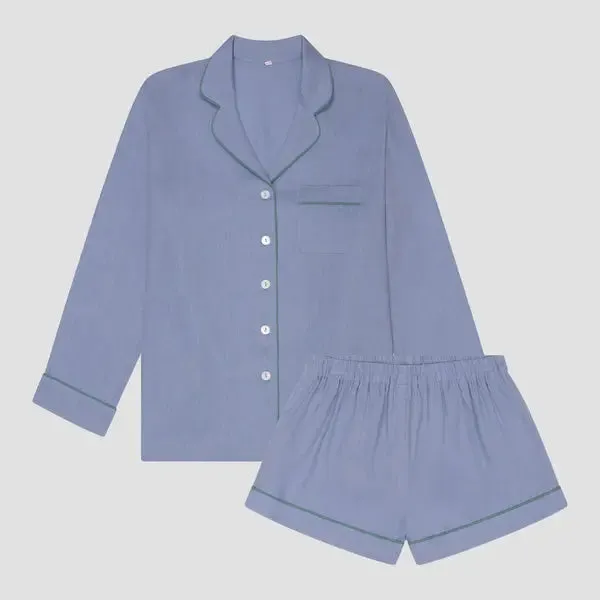 Wave Blue Tencel Linen Blend Pyjama Shorts Set