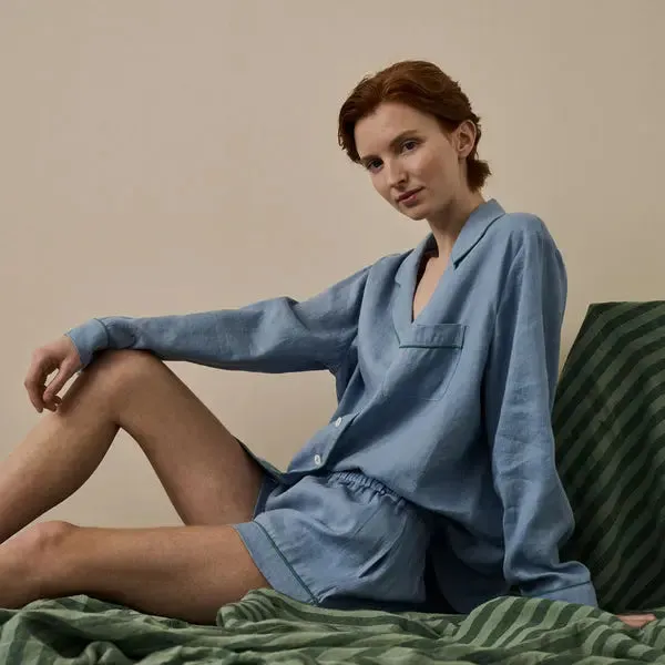 Wave Blue Tencel Linen Blend Pyjama Shorts Set