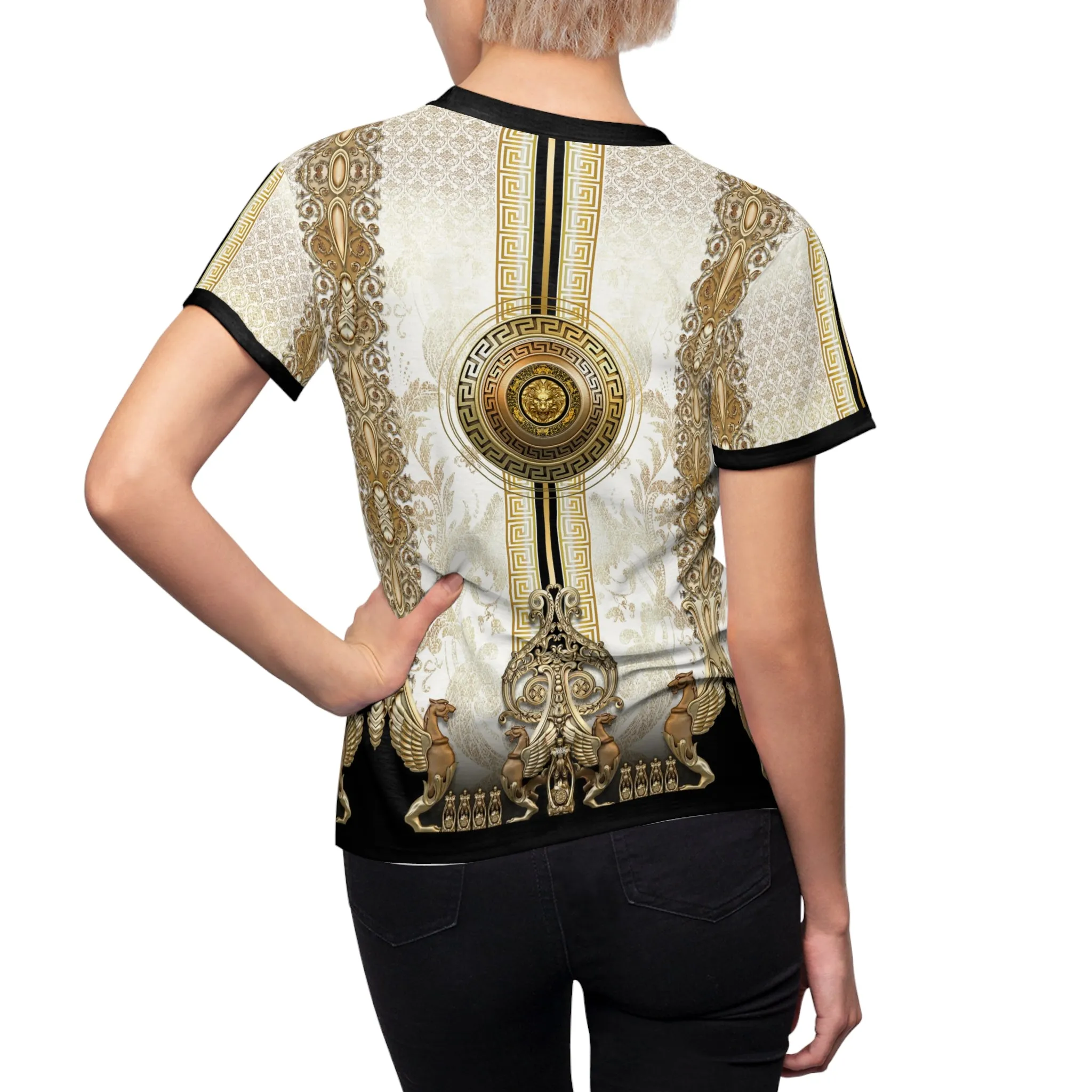 White Gold T-Shirt Baroque Unisex Tee Golden Medallion T-Shirt All Over Print Tee