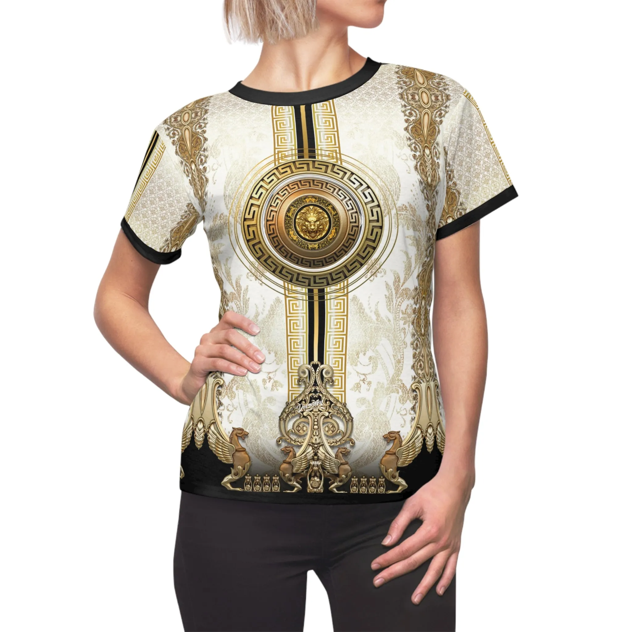 White Gold T-Shirt Baroque Unisex Tee Golden Medallion T-Shirt All Over Print Tee