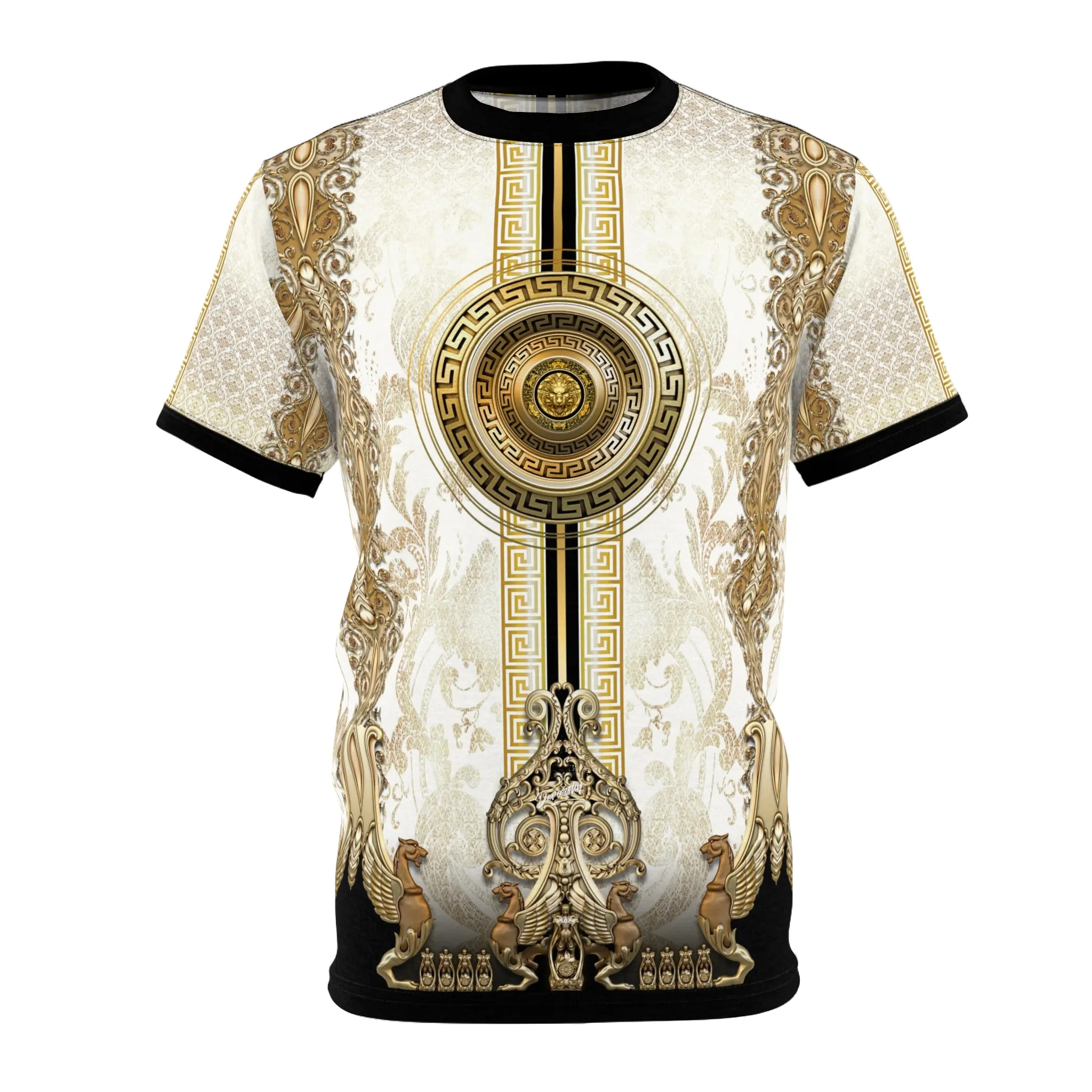 White Gold T-Shirt Baroque Unisex Tee Golden Medallion T-Shirt All Over Print Tee