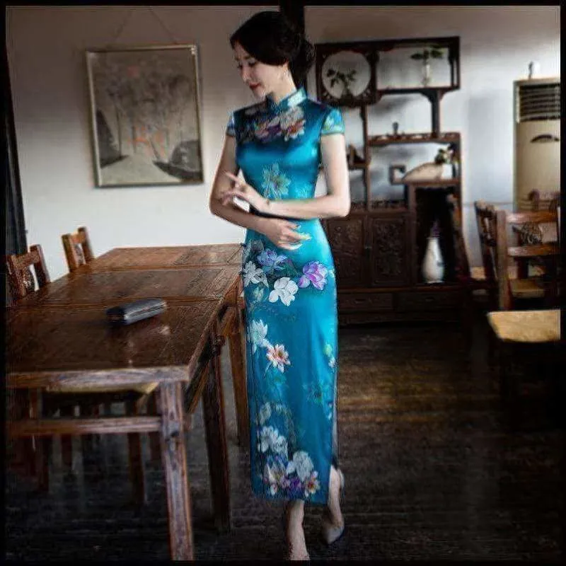 Winnal Real Silk Ankle-Length Cheongsam Midi Dress Bodycon Chinese Qipao Dress