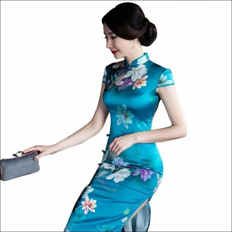 Winnal Real Silk Ankle-Length Cheongsam Midi Dress Bodycon Chinese Qipao Dress