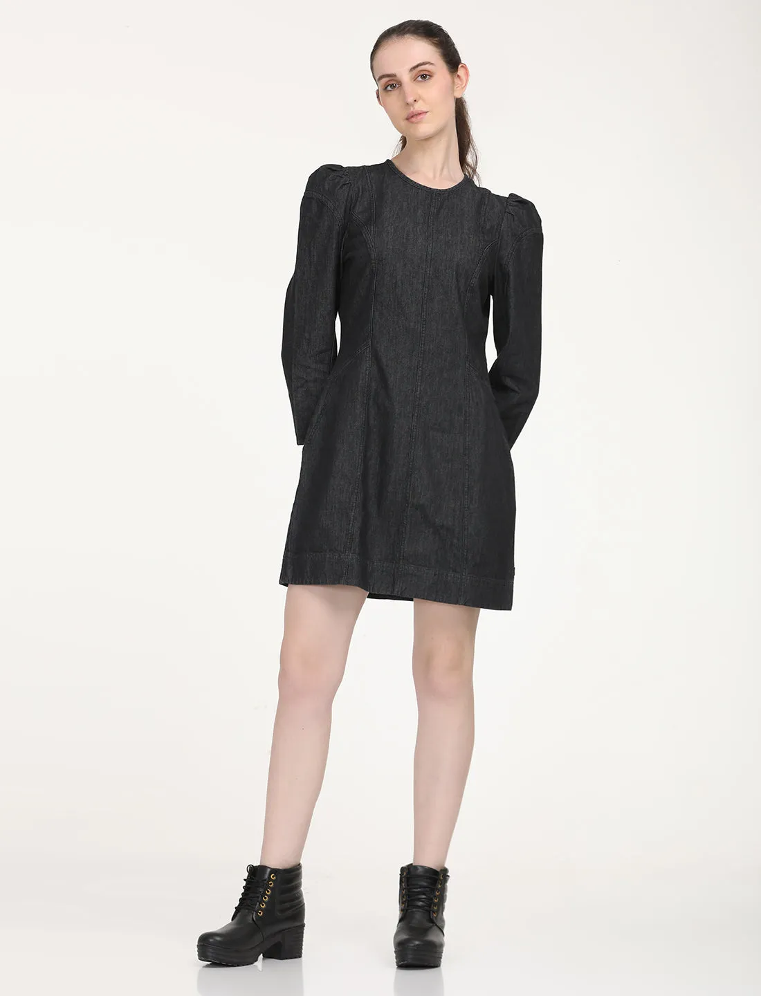 Women's Solid Black Round Neck Dress