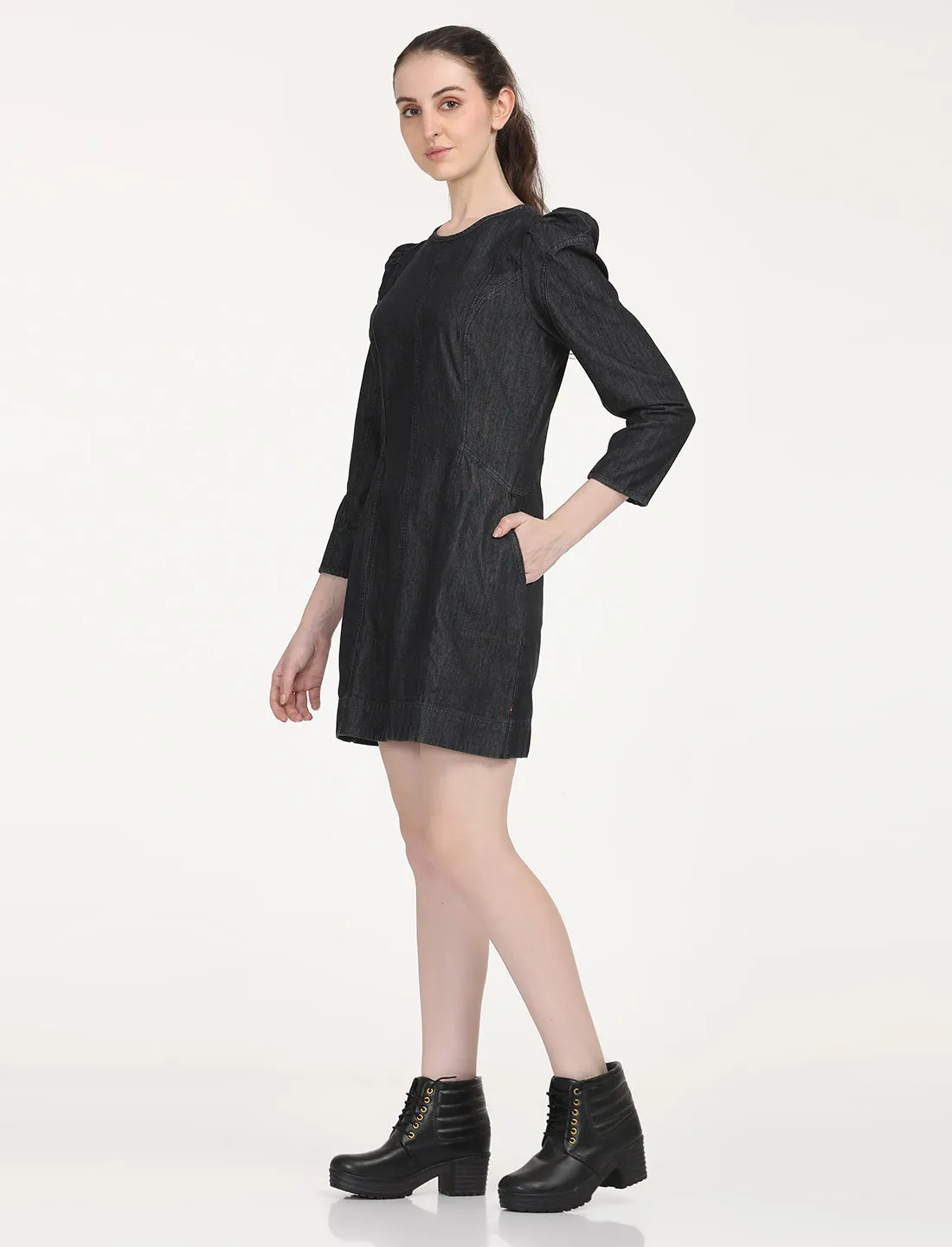 Women's Solid Black Round Neck Dress