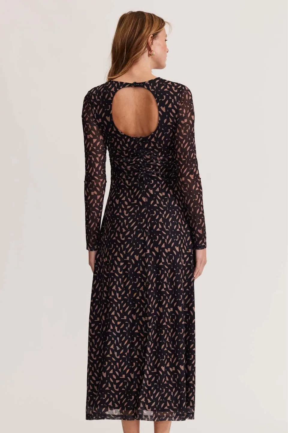 Zadie Camel Black Geo Mesh LS Maxi Dress